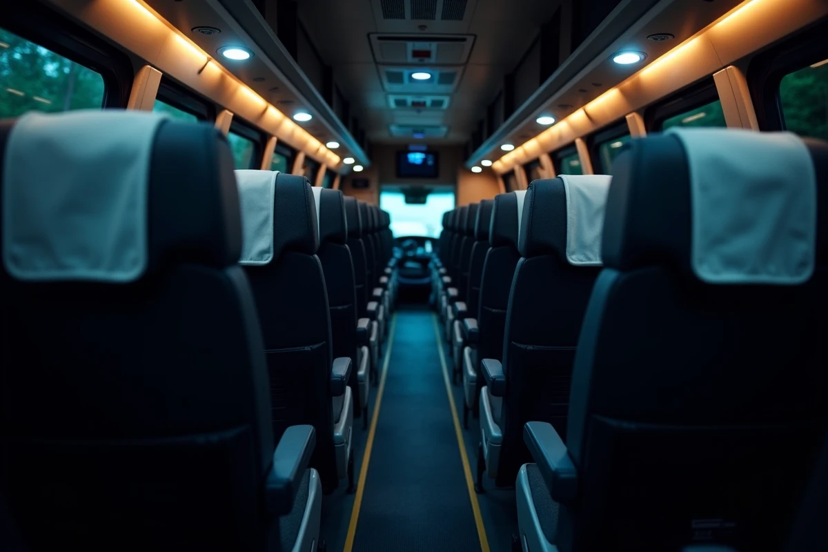 Intérieur vide d'un bus BlaBlaCar de nuit avec sièges inclinables et lumières de lecture