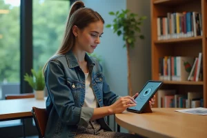 Jeune femme utilisant une tablette dans une bibliothèque moderne