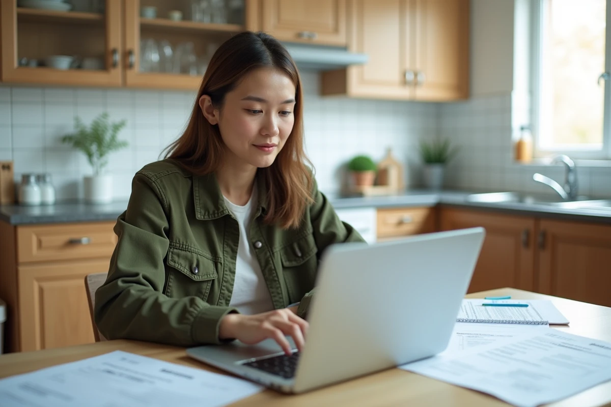 Jeune femme recherchant où envoyer le formulaire Cerfa H1 sur son ordinateur