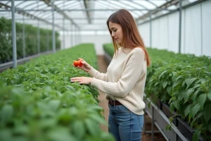 Jeune femme vérifiant des plants de tomates en serre intérieure