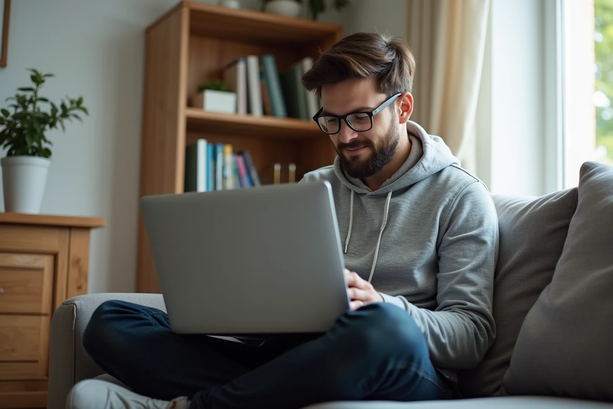 Jeune homme recherchant des offres d'emploi et formations en ligne depuis chez lui avec un ordinateur portable