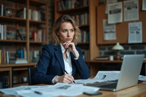 Journaliste indépendante analysant les actualités dans une salle de rédaction avec journaux et notes manuscrites