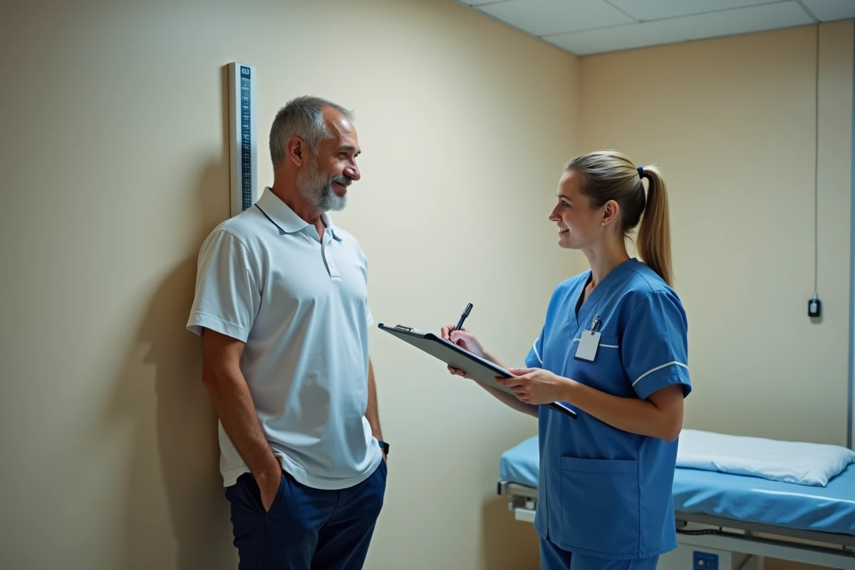Mesure de la taille d'un homme par une infirmière dans un hôpital régional français, données anthropométriques des hommes en France
