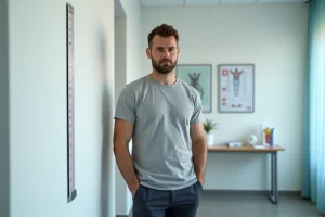 Homme de grande taille mesuré dans un cabinet médical en France, illustrant la taille moyenne des hommes français