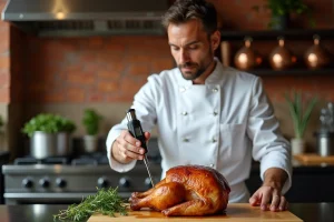 Chef professionnel mesurant la température interne d'un poulet rôti avec un thermomètre sonde dans une cuisine professionnelle