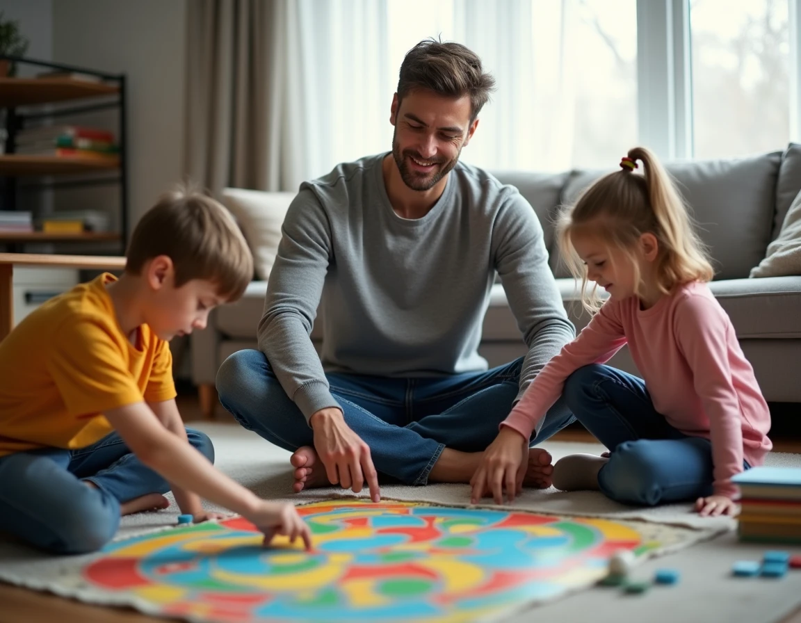 Père jouant à un jeu de société sur le sol du salon avec ses deux enfants, scène de routine familiale joyeuse et détendue