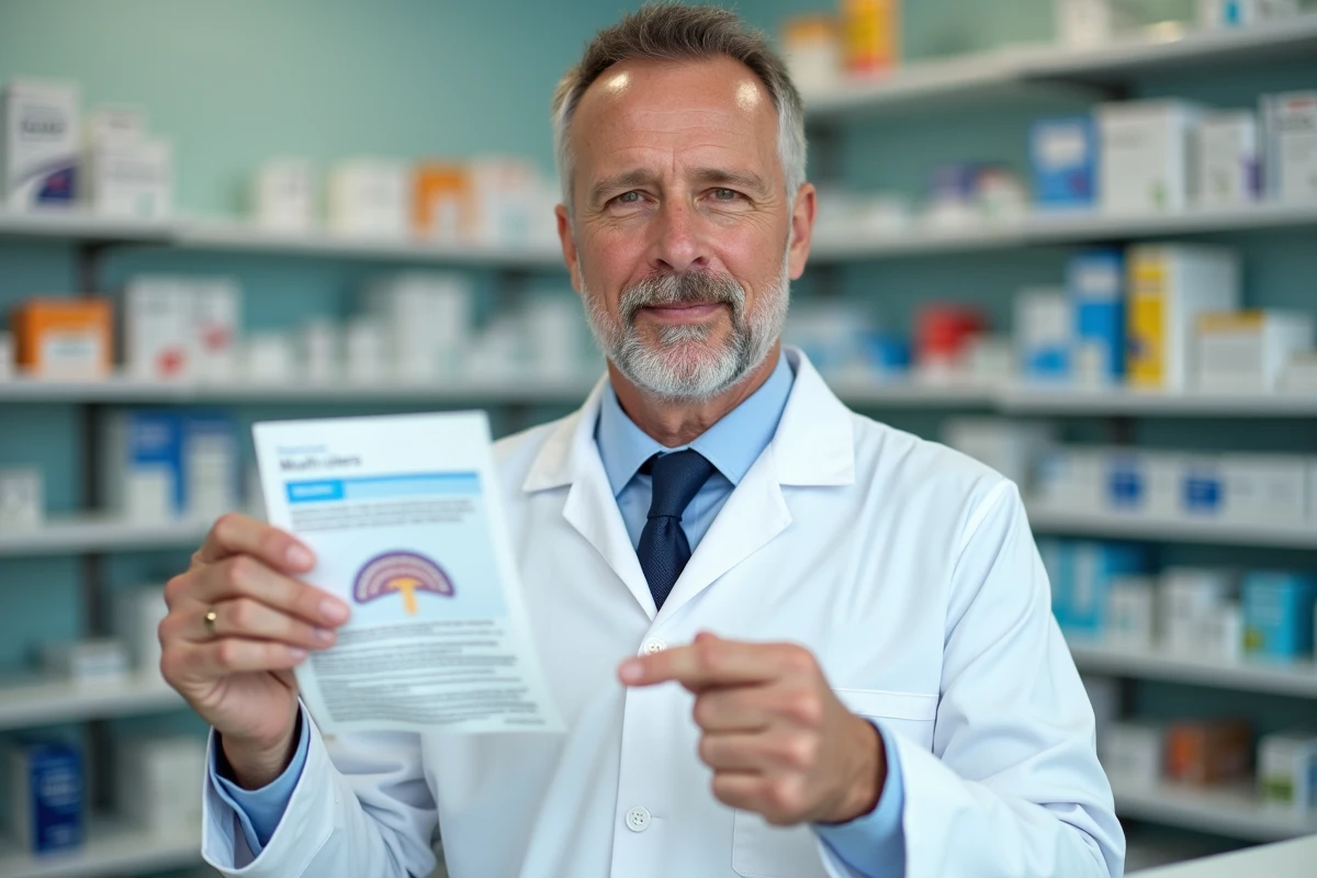Pharmacien expliquant les causes et remèdes des aphtes à répétition avec une notice médicale