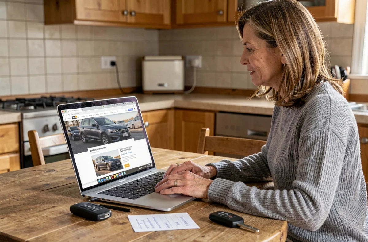 Femme recherchant son code autoradio gratuitement sur le site du constructeur depuis son ordinateur portable