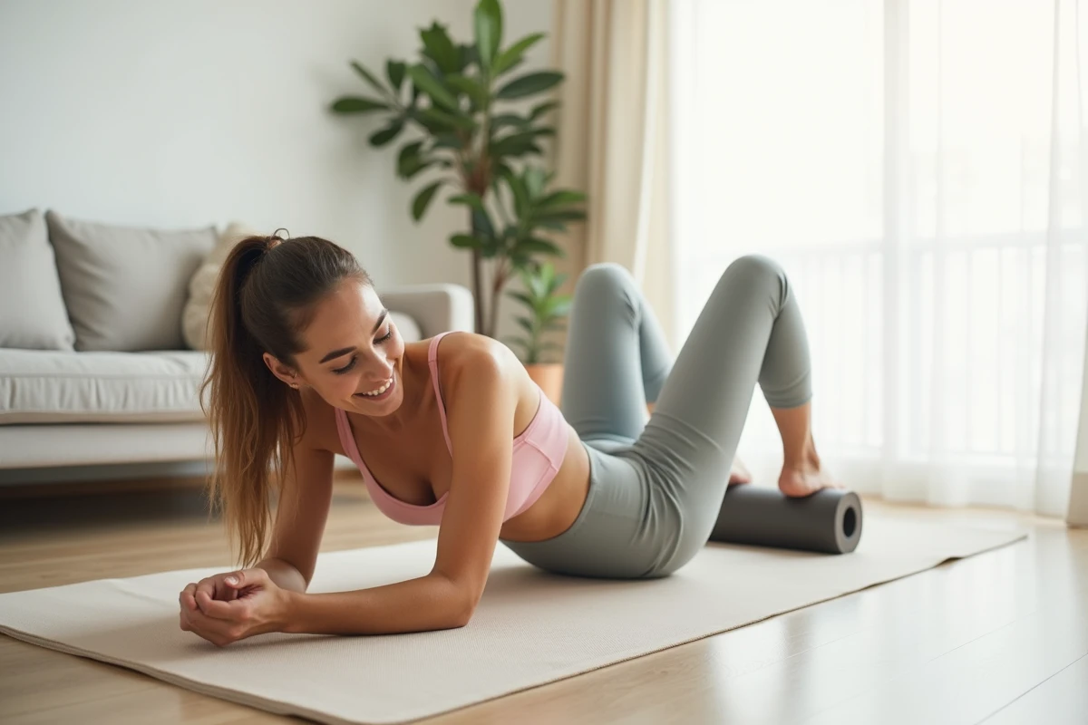 Femme réalisant des exercices de récupération sur foam roller dans un salon minimaliste lors d'une séance de coaching à domicile