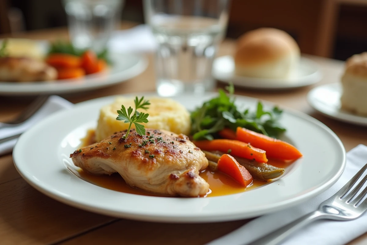 Repas équilibré servi dans un restaurant Domitys pour seniors avec plat principal et accompagnements