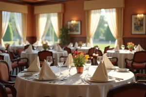 Salle à manger élégante d'un restaurant Domitys pour seniors avec tables rondes et nappes blanches