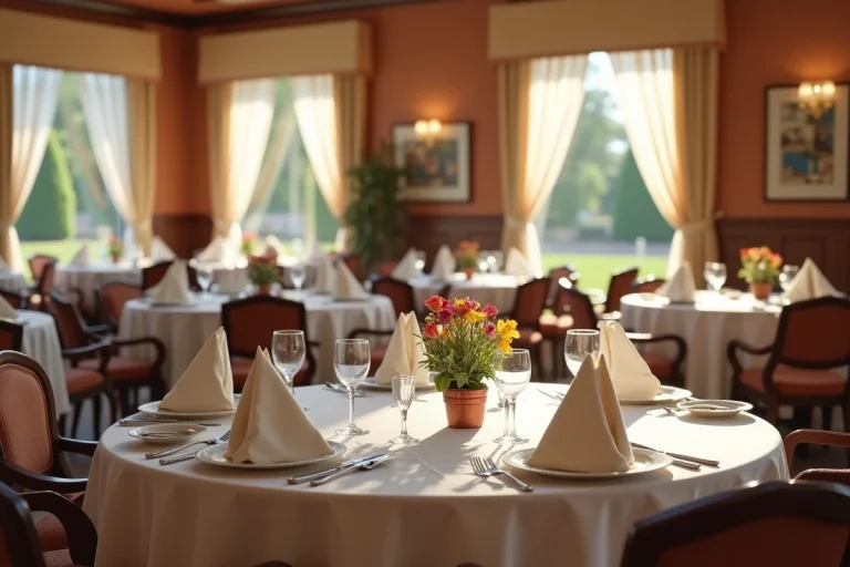 Salle à manger élégante d'un restaurant Domitys pour seniors avec tables rondes et nappes blanches