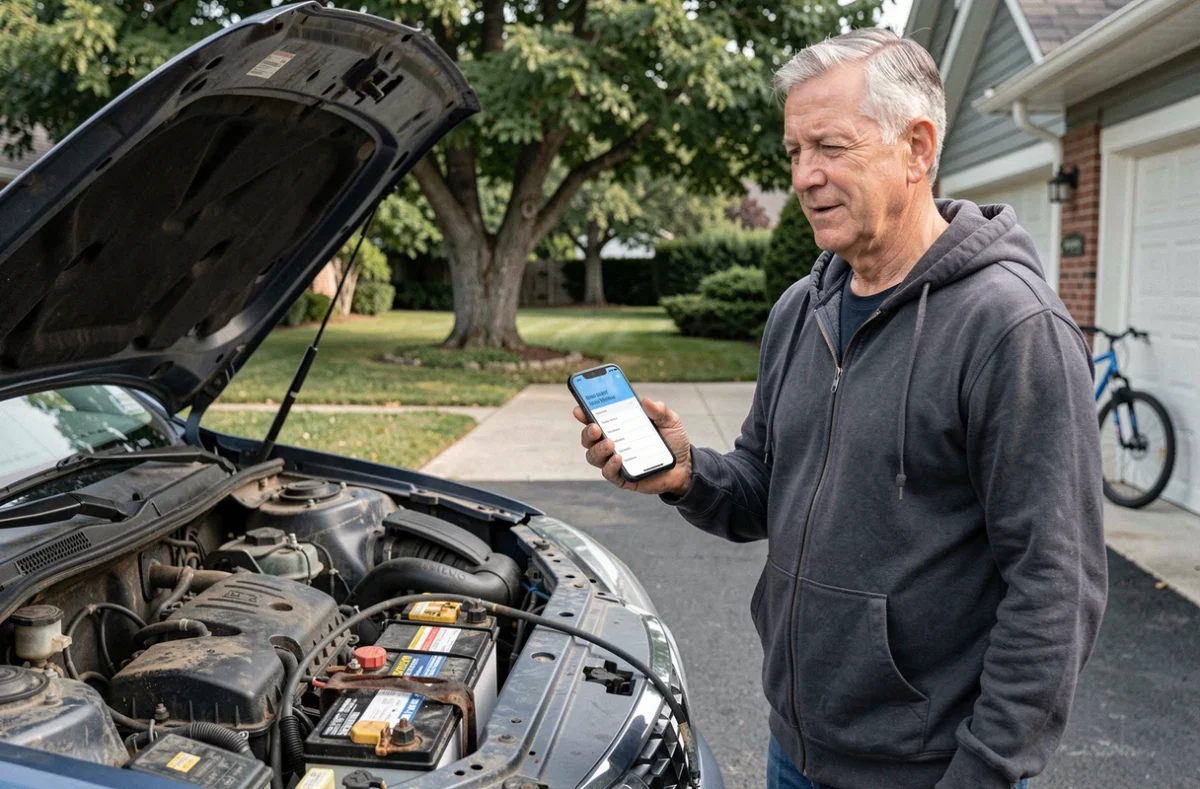 Homme consultant son smartphone pour retrouver le code autoradio après déconnexion de la batterie de voiture