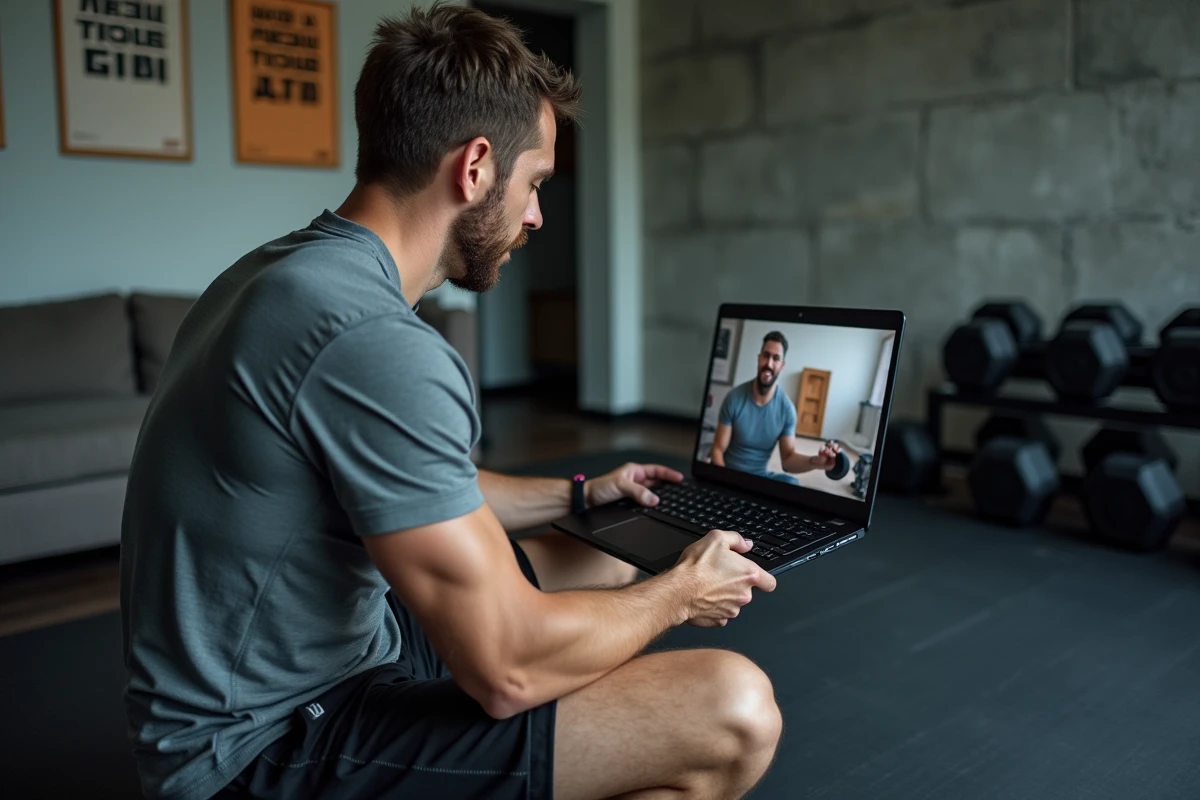 Coach sportif guidant un homme via appel vidéo dans un espace home gym aménagé avec équipements de résistance