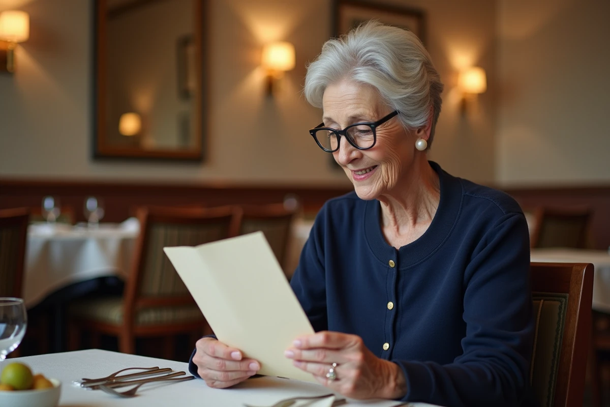 Femme senior consultant le menu d'un restaurant Domitys dans une résidence pour personnes âgées