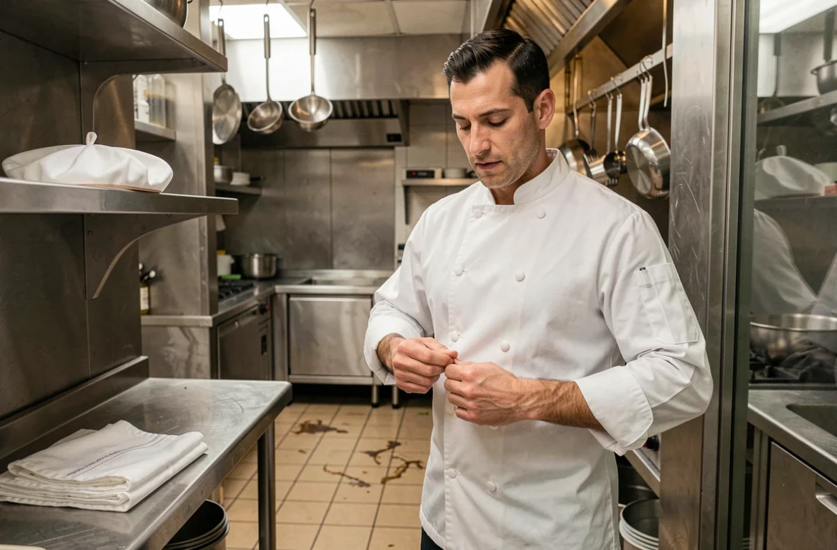 Chef cuisinier boutonnant sa veste de cuisine blanche avant le service, symbolisant le temps d'habillage professionnel en restauration
