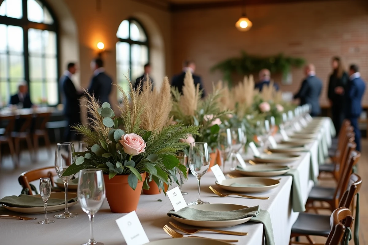 Table de réception de mariage tendance décorée de pampa, roses blush et vaisselle vintage dorée dans une salle de réception parisienne au style contemporain