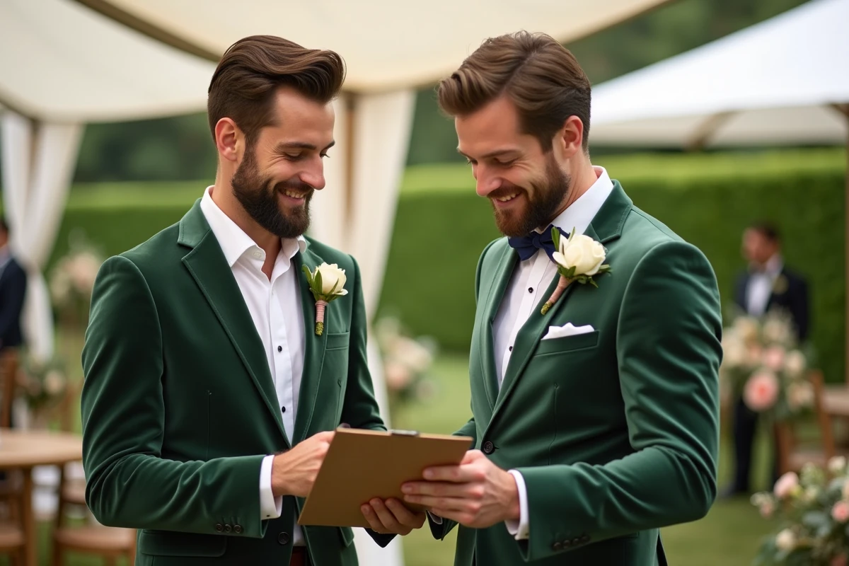 Marié en costume velours vert sauge discutant des derniers préparatifs avec sa wedding planner dans les coulisses d'un mariage en jardin