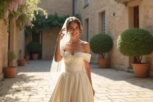 Mariée élégante en robe de satin ivoire dans la cour d'un château français orné de glycine, souriant naturellement lors d'une séance photo de mariage