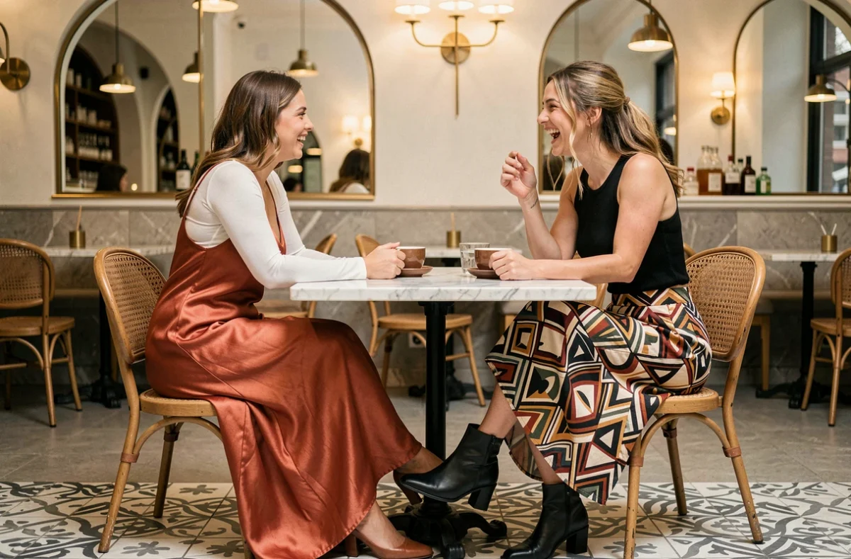 Deux femmes tendance aux tenues contrastées partageant un moment complice dans un café branché aux détails laiton