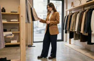 Jeune femme élégante en blazer camel oversized explorant les tendances mode dans une boutique minimaliste parisienne