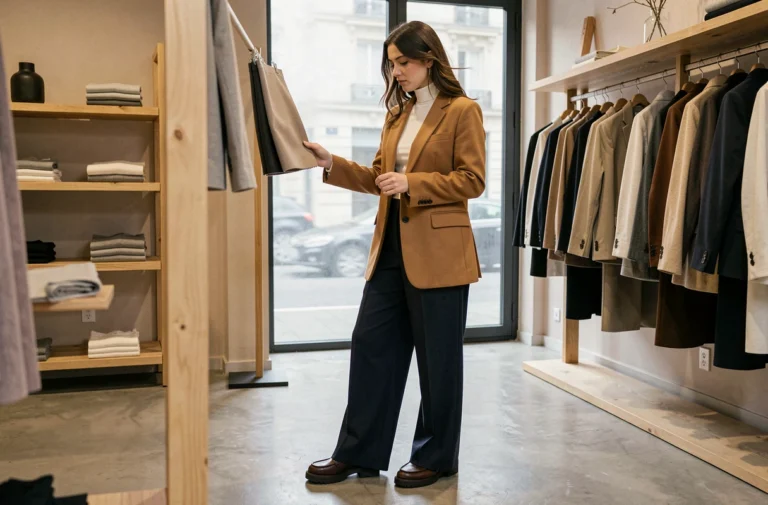 Jeune femme élégante en blazer camel oversized explorant les tendances mode dans une boutique minimaliste parisienne