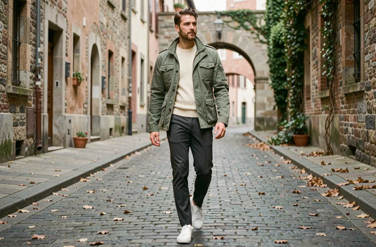 Homme stylé en veste utilitaire sage green marchant dans une ruelle pavée européenne aux tons automnaux