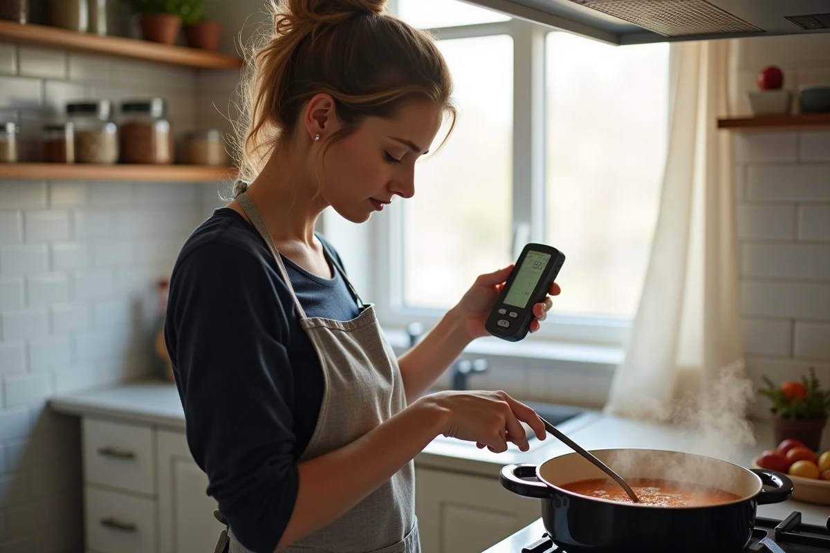 Femme utilisant un thermomètre alimentaire numérique pour vérifier la température d'une soupe maison sur une gazinière