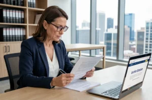 Professionnelle en blazer marine vérifiant des mentions légales imprimées dans un bureau moderne avec un site web ouvert sur ordinateur portable
